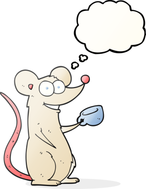 Bir insan tarafından çizilmiş bir fincan çayla serbest çizilmiş düşünce kabarcığı faresi.