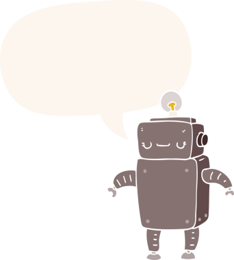 bir insan tarafından çizilmiş, konuşma baloncuklu çizgi film robotu.