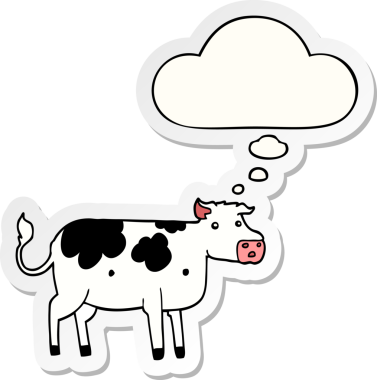 Düşünce baloncuklu çizgi film ineği insan tarafından çizilmiş bir çıkartma.