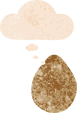 Düşünce baloncuklu çizgi film yumurtası grunge sıkıntılı retro tarzı bir insan tarafından çizilmiş.