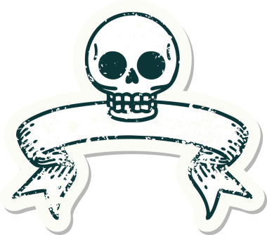 Bir insan tarafından çizilmiş kafatasının pankartıyla eski bir etiket.