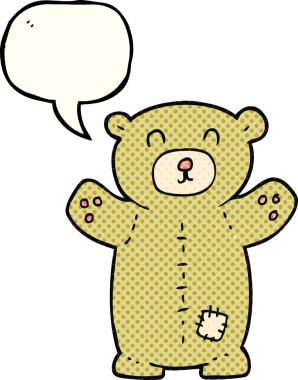 Bir insan tarafından çizilmiş serbest çizilmiş çizgi roman konuşma balonu oyuncak ayısı.