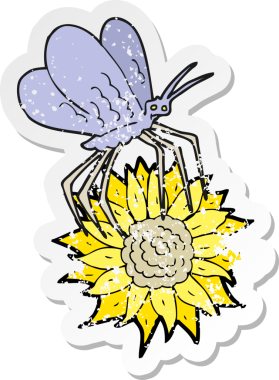 Bir insan tarafından çizilmiş çiçeğin üzerindeki kelebeğin kederli retro çıkartması.