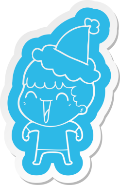 Bir insan tarafından çizilmiş Noel Baba şapkası giyen mutlu bir adamın garip çizgi film çıkartması.