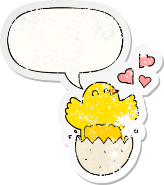 Konuşan baloncuklu, yumurtadan çıkan tatlı bir karikatür. Bir insan tarafından çizilmiş sıkıntılı eski bir çıkartma.