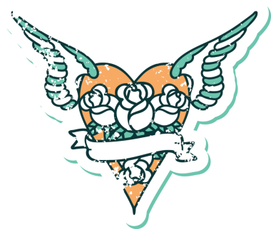 Bir insan tarafından çizilmiş çiçek ve pankartıyla uçan bir kalbin sembolik dövmeli resmi.