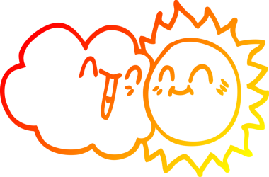 Sıcak bir çizgi film çizimi mutlu bir güneş ve bir insan tarafından çizilen bulut.