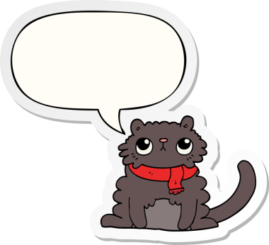 Bir insan tarafından çizilmiş baloncuk çıkartmalı çizgi film kedisi.