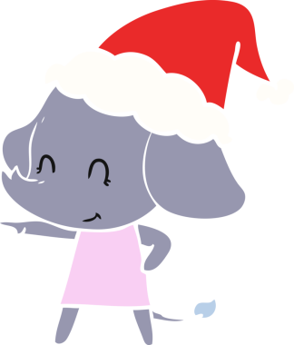 Bir insan tarafından çizilmiş Noel Baba şapkası takan bir filin düz renkli çizimi.