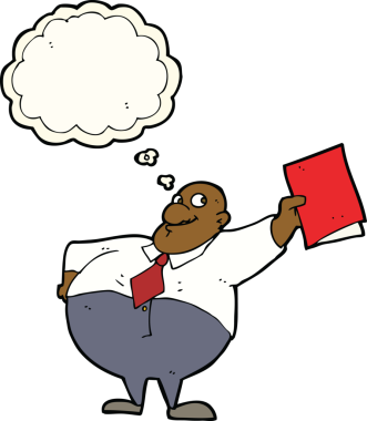 Bir insan tarafından çizilmiş düşünce balonlu mutlu patron çizgi filmi.