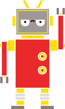 Bir insan tarafından çizilmiş rahatsız bir robotun düz renkli retro karikatürü