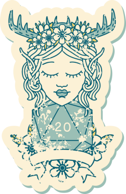 Retro Dövme Tarzı Elf Karakteri Bir insan tarafından çizilmiş doğal 20 zar ile