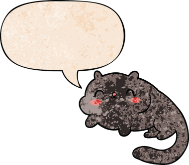 Konuşma baloncuğu olan çizgi film kedisi insan tarafından çizilmiş eski moda dokular.