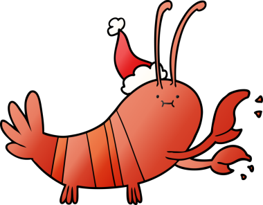 Bir insan tarafından çizilmiş Noel Baba şapkası giymiş bir ıstakozun el çizimi karikatürü.