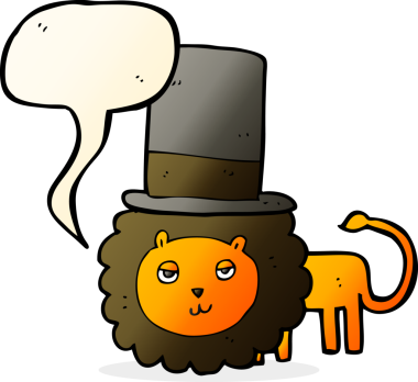 Bir insan tarafından çizilmiş konuşma baloncuğu olan silindir şapkalı bir aslan.