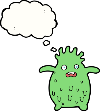 Bir insan tarafından çizilmiş düşünce baloncuklu komik balçık canavarı.