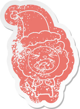 Bir insan tarafından çizilmiş Noel Baba şapkası takan bir aslanın sıkıntılı karikatürü.