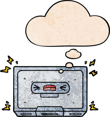 çizgi film kızgın eski kaset düşünce baloncuğu ile grunge doku tarzı bir insan tarafından çizilmiş