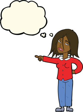 Bir insan tarafından çizilmiş düşünce balonuyla işaret eden çizgi film kadını.