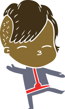 Bir insan tarafından çizilmiş fütüristik kıyafetler giyen düz renkli çizgi film kızı.