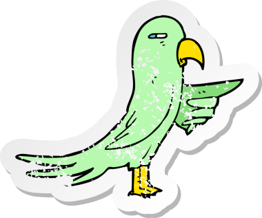 Bir insanın çizdiği karikatür papağanının kederli retro yapıştırması.