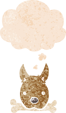 Düşünce baloncuklu, kemikli çizgi film köpeği grunge sıkıntılı retro dokuma tarzı bir insan tarafından çizilmiş.