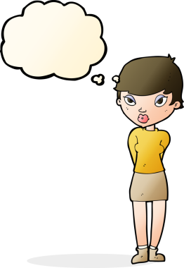 Düşünce baloncuğu bir insan tarafından çizilmiş utangaç bir kadın.