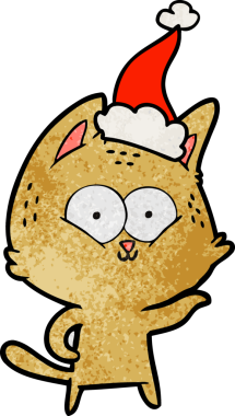 Bir insan tarafından çizilmiş Noel Baba şapkası takan bir kedinin el çizimi karikatürü.