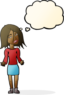 Bir insan tarafından çizilmiş düşünce baloncuğuyla omuz silken çizgi film kadını.