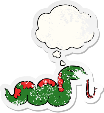 Düşünce baloncuklu sürünen yılan, insan tarafından çizilmiş, yıpranmış bir çıkartma.