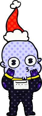 Bir insan tarafından çizilmiş Noel Baba şapkası giyen tuhaf kel bir uzaylının el çizimi çizgi roman tarzı çizimi.