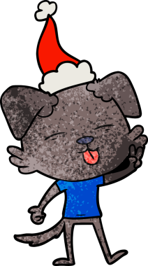 Bir insan tarafından çizilmiş Noel Baba şapkası giymiş bir köpeğin el çizimi karikatürü.