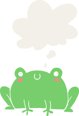 Düşünce baloncuğu olan bir kurbağa insan tarafından çizilmiş.