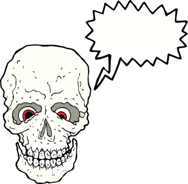 Bir insan tarafından çizilmiş konuşma baloncuğu olan karikatürümsü kafatası.