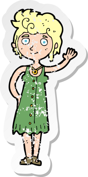 Bir insan tarafından çizilmiş hippi bir karikatür kadının gerilmiş çıkartması.