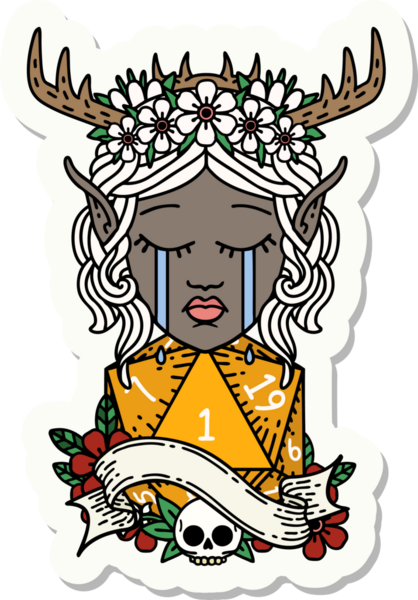 Ağlayan bir Elf Druid karakterinin çıkartması. Doğal bir D20 zarı bir insan tarafından çizilmiş.