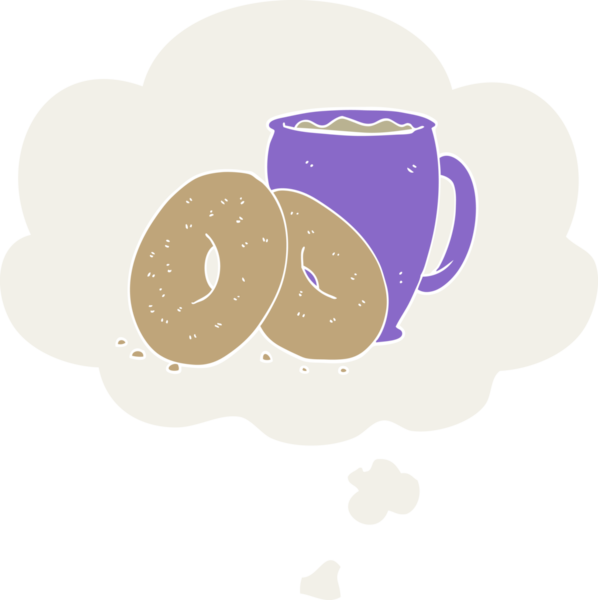 Düşünce baloncuklu çizgi film kahveyi ve çörekleri bir insan tarafından çizilmiş.