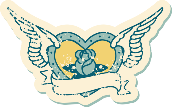 Bir insan tarafından çizilmiş çiçek ve pankartıyla uçan bir kalbin sembolik dövmeli resmi.