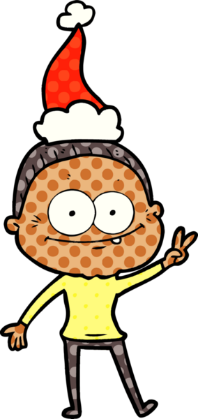 Bir insan tarafından çizilmiş Noel Baba şapkası giyen mutlu yaşlı bir kadının el çizimi çizgi roman tarzı çizimi.