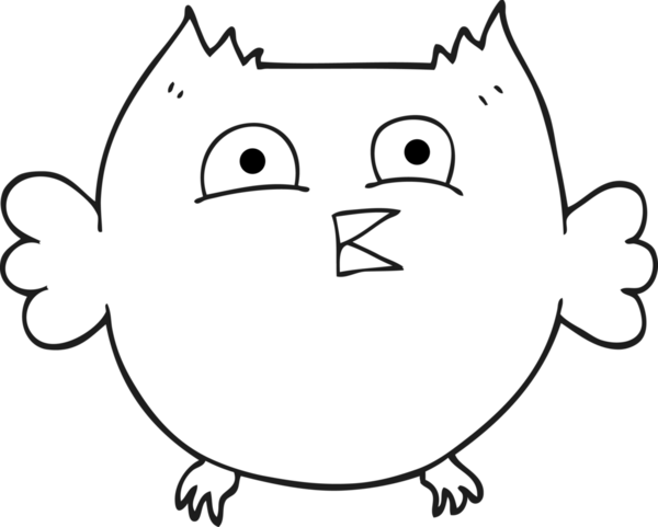 Bir insan tarafından çizilmiş siyah beyaz çizgi film mutlu baykuş.