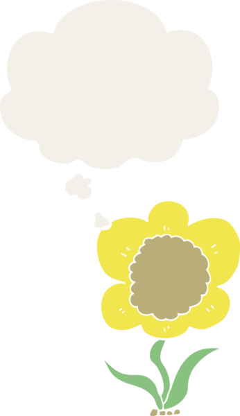 Düşünce baloncuğu olan karikatür çiçeği insan tarafından çizilmiş.