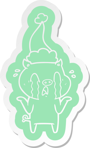 Ağlayan domuz çizgi film etiketi Noel Baba şapkası giyen bir insan tarafından çizilmiş.