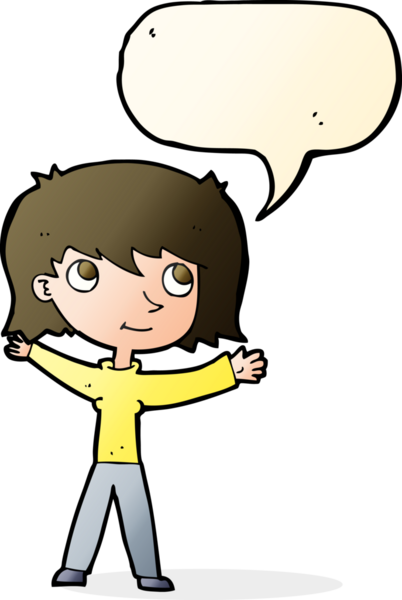 Bir insan tarafından çizilmiş konuşma balonlu mutlu kız çizgi filmi.