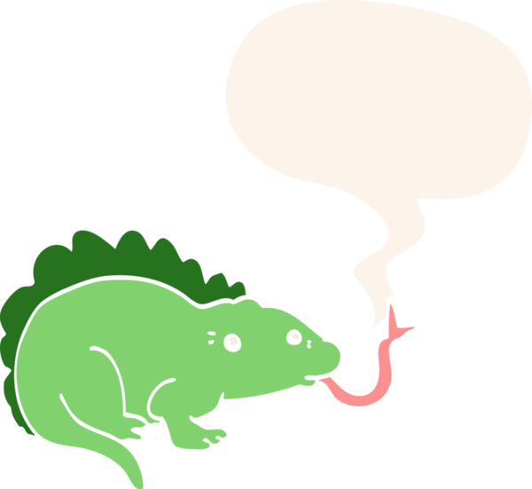 bir insan tarafından çizilmiş retro tarzı konuşma baloncuğu olan bir kertenkele.