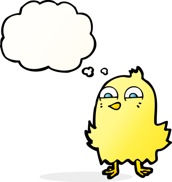 Bir insan tarafından çizilmiş düşünce baloncuklu komik çizgi film kuşu.