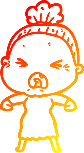 Bir insan tarafından çizilmiş kızgın yaşlı bir kadının sıcak çizgi çizimi.