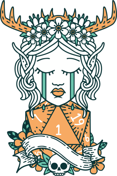 Retro Dövme Tarzı Ağlayan Elf Druid karakteri yüzü Bir insan tarafından çizilmiş doğal bir D20 zar