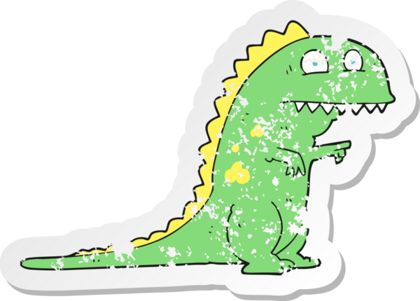 Bir insan tarafından çizilmiş bir karikatür dinozorunun gerilimli çıkartması.