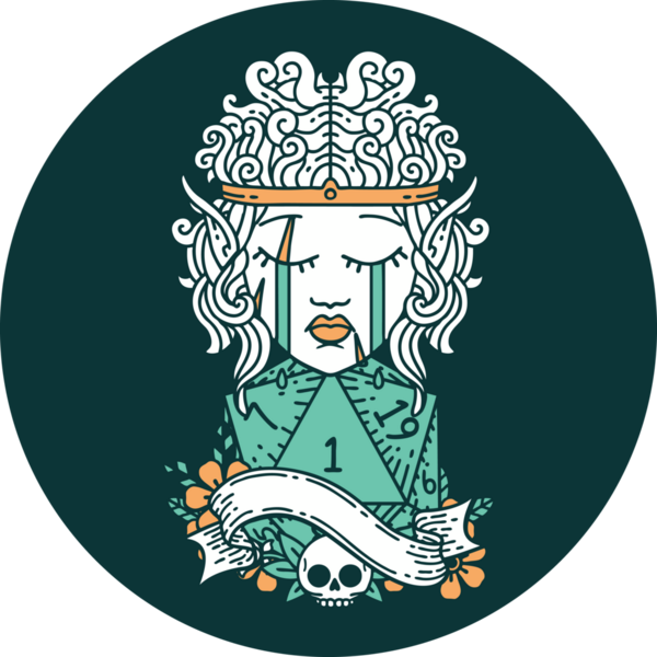 Ağlayan elf barbar karakteri ikonu. İnsan tarafından çizilmiş bir d20 ruloya bak.