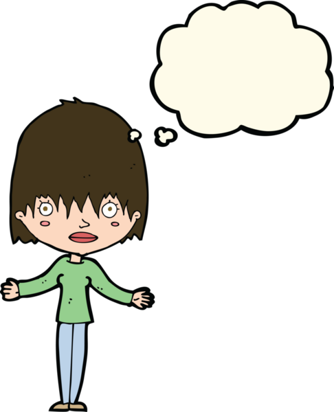 Bir insan tarafından çizilmiş düşünce baloncuğuyla omuz silken çizgi film kadını.